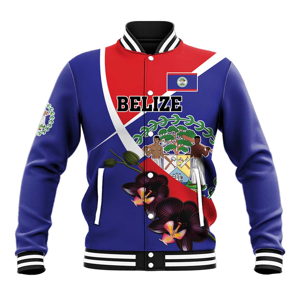 Blue baseball jacket with striped collar, Belize front graphic and orchid flower design