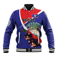 Blue baseball jacket with striped collar, Belize front graphic and orchid flower design