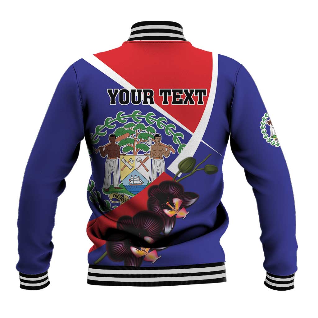 Blue baseball jacket with striped collar, back graphic coat of arms and orchid flowers