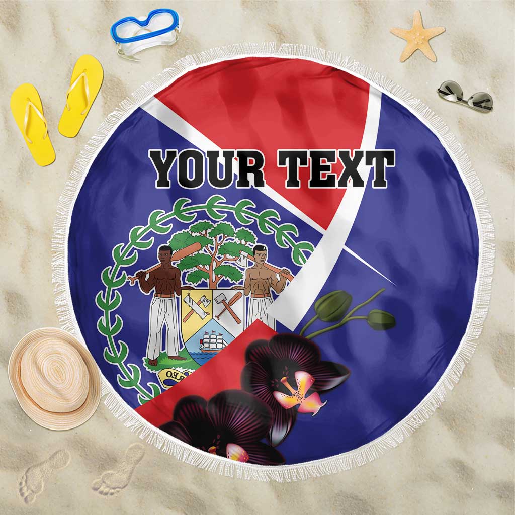 Round blue beach blanket with Belize emblem, black orchids, white fringe, “YOUR TEXT”