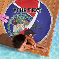 Round blue beach blanket with Belize emblem, black orchids, fringe edge, “YOUR TEXT” on deck