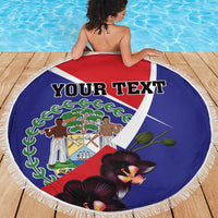 Round blue beach blanket with Belize emblem, black orchids, fringe edge, “YOUR TEXT”
