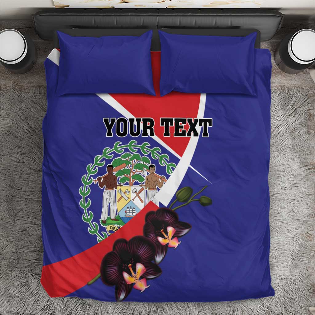 Blue bedding set top view with 'YOUR TEXT', Belize coat of arms, and orchid flowers