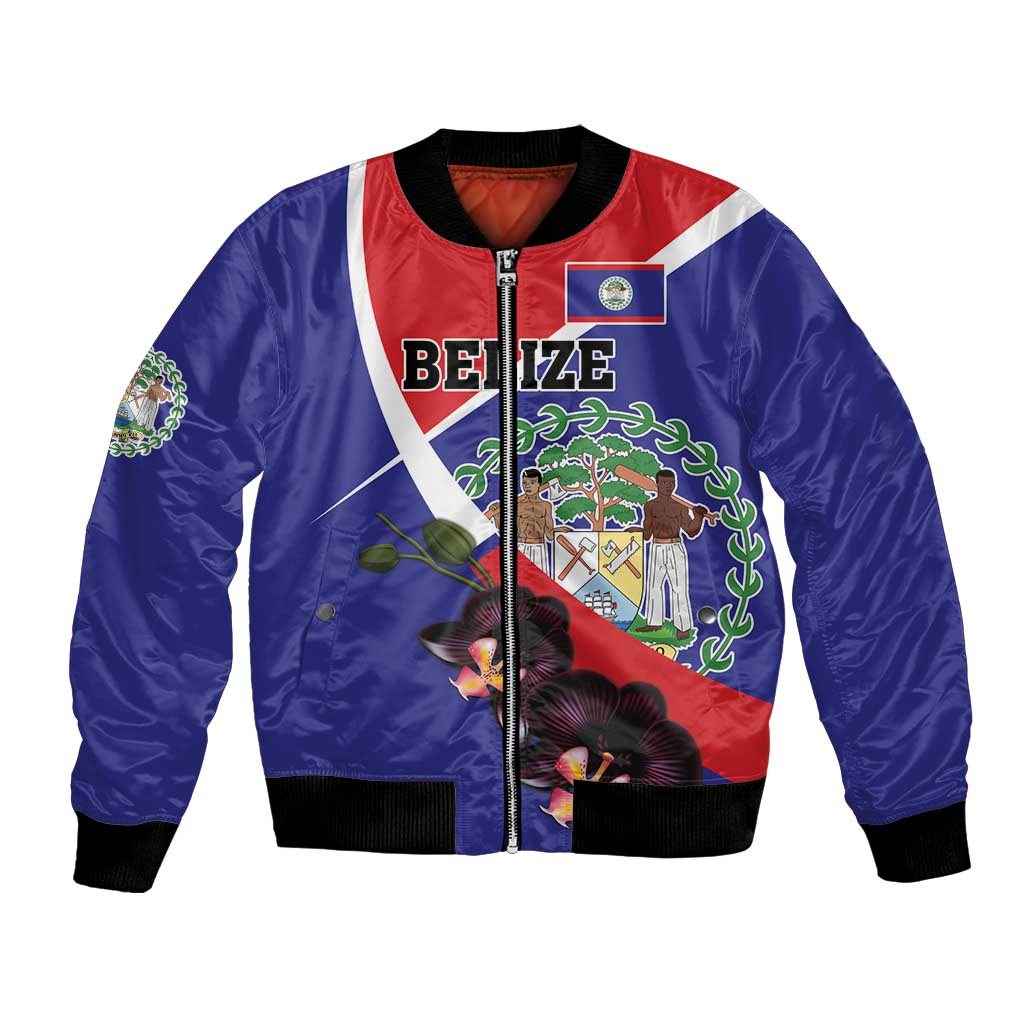 Blue bomber jacket with front zipper, Belize coat of arms patch and black orchid flowers