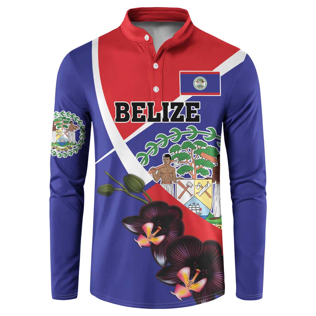 Men's button henley sweatshirt with red collar and blue sleeves, Belize emblem and orchid flowers