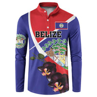 Men's button henley sweatshirt with red collar and blue sleeves, Belize emblem and orchid flowers