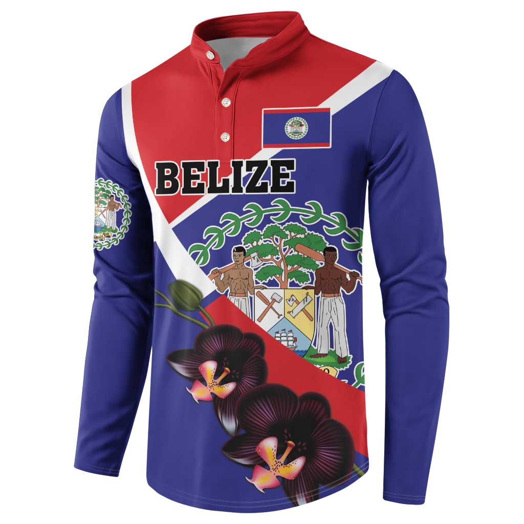 Men's button henley sweatshirt in red and blue with Belize emblem and black orchid print