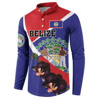 Men's button henley sweatshirt in red and blue with Belize emblem and black orchid print
