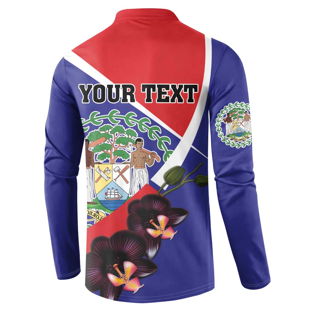 Men's button henley sweatshirt back with 'YOUR TEXT' and Belize emblem, orchid flower print