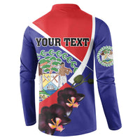 Men's button henley sweatshirt back with 'YOUR TEXT' and Belize emblem, orchid flower print