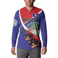 Men's button henley sweatshirt on model with red collar, Belize emblem, and black orchid flowers