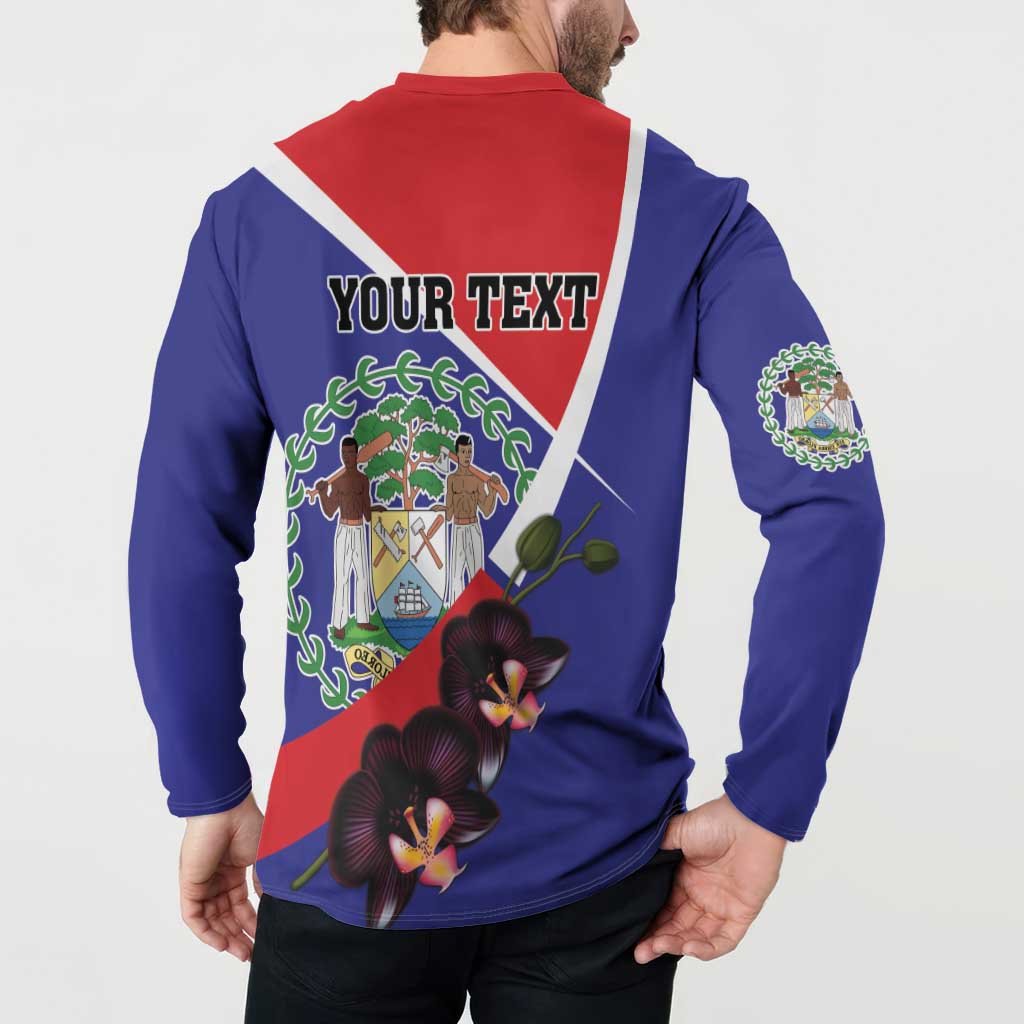 Men's button henley sweatshirt back on model with 'YOUR TEXT' and orchid flower print