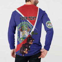 Men's button henley sweatshirt back on model with 'YOUR TEXT' and orchid flower print