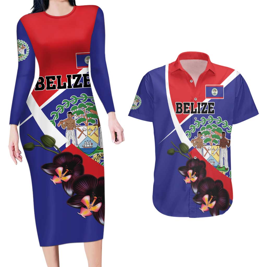 Personalized Belize Coat Of Arms Couples Matching Long Sleeve Bodycon Dress and Hawaiian Shirt With Black Orchid Flowers - Wonder Print Shop