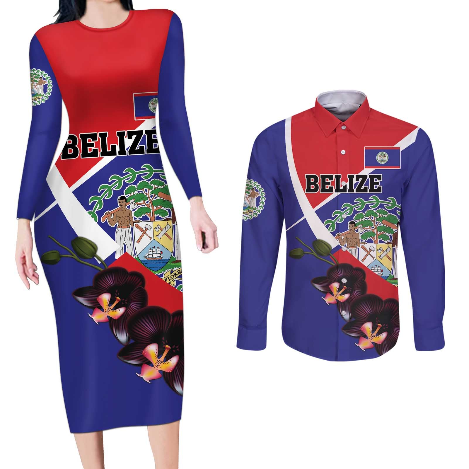 Personalized Belize Coat Of Arms Couples Matching Long Sleeve Bodycon Dress and Long Sleeve Button Shirt With Black Orchid Flowers - Wonder Print Shop