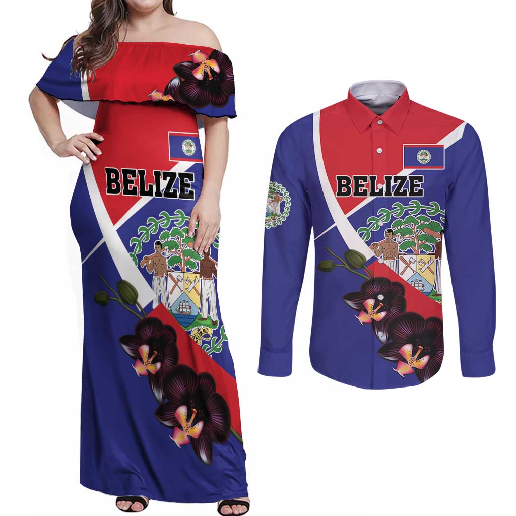 Personalized Belize Coat Of Arms Couples Matching Off Shoulder Maxi Dress and Long Sleeve Button Shirt With Black Orchid Flowers - Wonder Print Shop