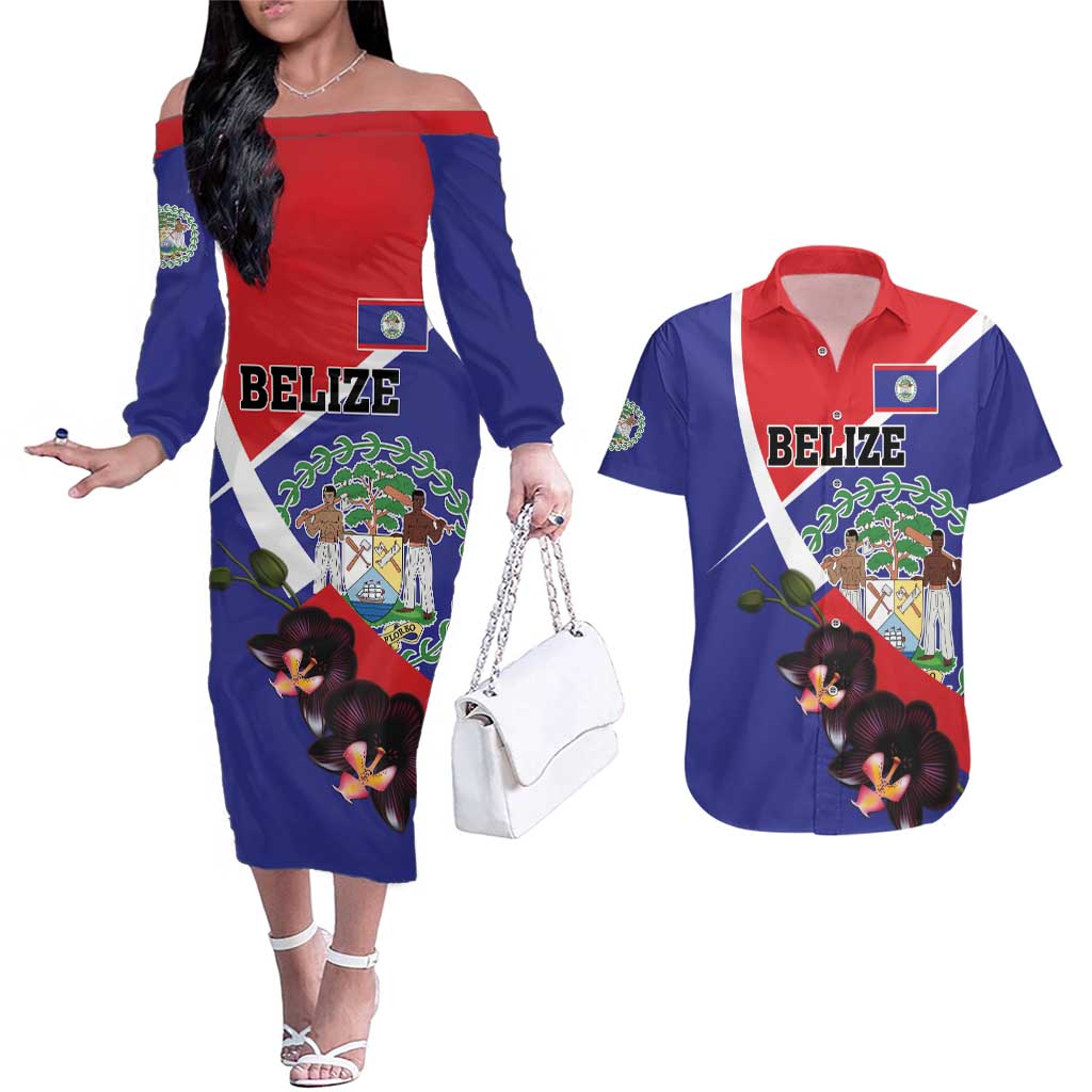 Personalized Belize Coat Of Arms Couples Matching Off The Shoulder Long Sleeve Dress and Hawaiian Shirt With Black Orchid Flowers - Wonder Print Shop