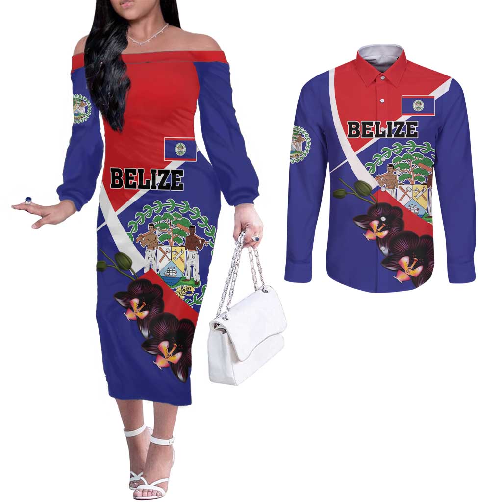 Personalized Belize Coat Of Arms Couples Matching Off The Shoulder Long Sleeve Dress and Long Sleeve Button Shirt With Black Orchid Flowers