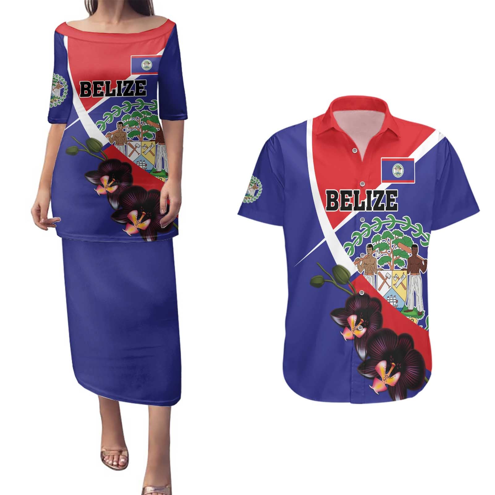 Personalized Belize Coat Of Arms Couples Matching Puletasi and Hawaiian Shirt With Black Orchid Flowers - Wonder Print Shop