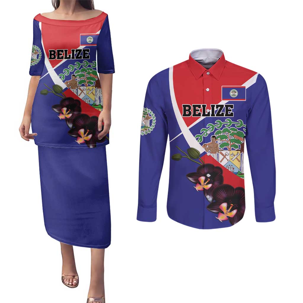 Personalized Belize Coat Of Arms Couples Matching Puletasi and Long Sleeve Button Shirt With Black Orchid Flowers - Wonder Print Shop