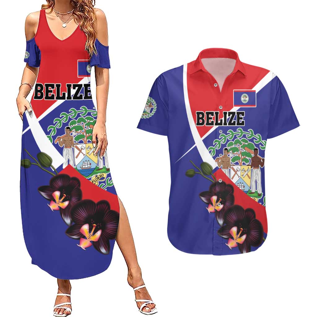 Personalized Belize Coat Of Arms Couples Matching Summer Maxi Dress and Hawaiian Shirt With Black Orchid Flowers - Wonder Print Shop