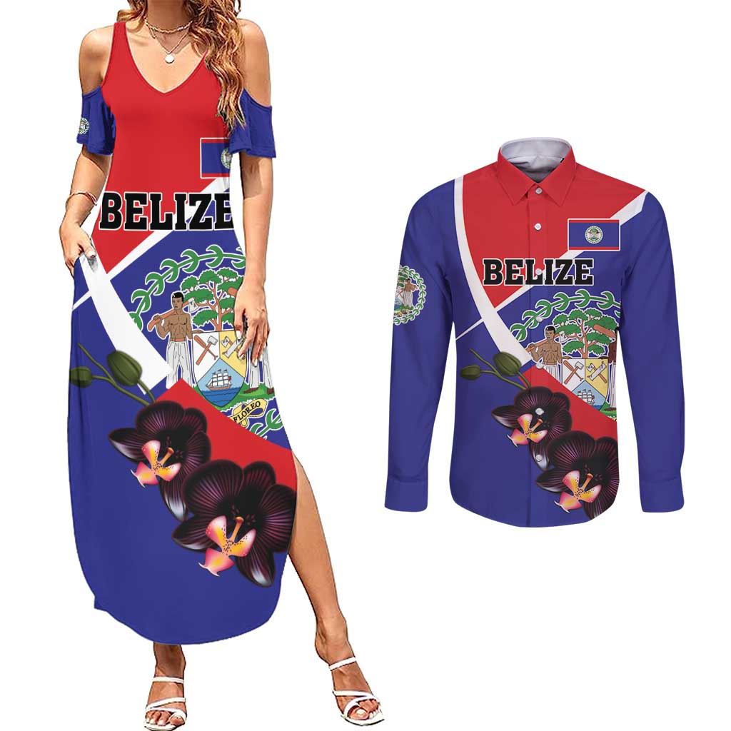 Personalized Belize Coat Of Arms Couples Matching Summer Maxi Dress and Long Sleeve Button Shirt With Black Orchid Flowers - Wonder Print Shop