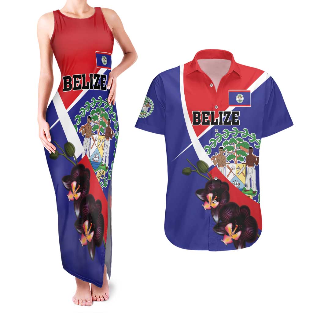 Personalized Belize Coat Of Arms Couples Matching Tank Maxi Dress and Hawaiian Shirt With Black Orchid Flowers - Wonder Print Shop