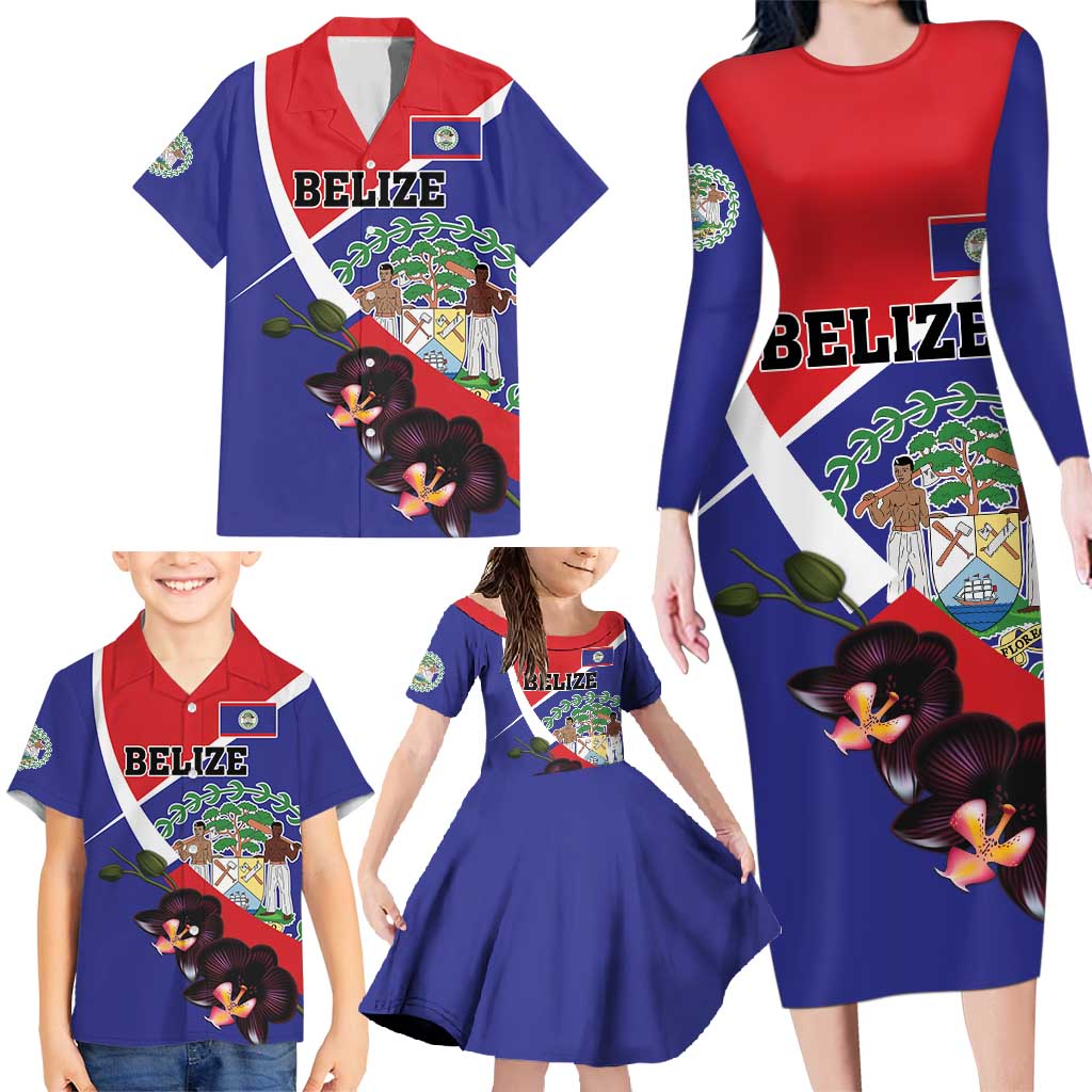 Personalized Belize Coat Of Arms Family Matching Long Sleeve Bodycon Dress and Hawaiian Shirt With Black Orchid Flowers - Wonder Print Shop