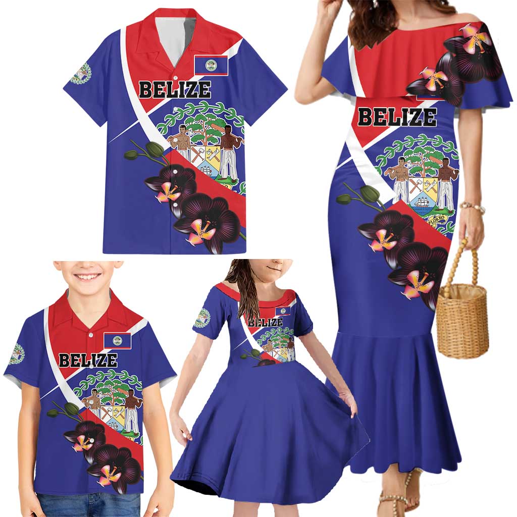 Personalized Belize Coat Of Arms Family Matching Mermaid Dress and Hawaiian Shirt With Black Orchid Flowers - Wonder Print Shop