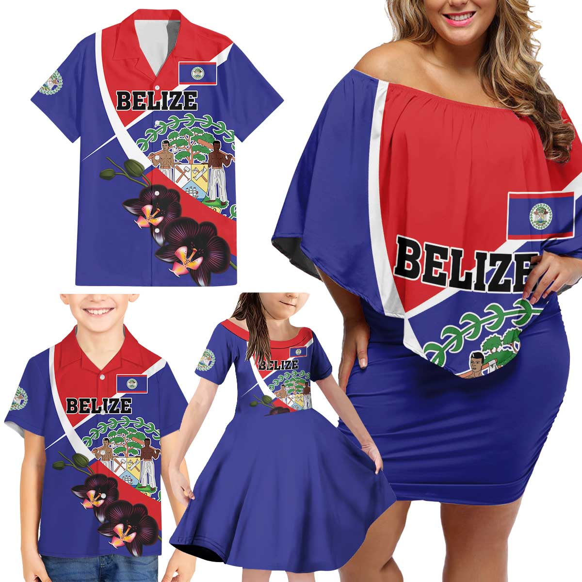 Personalized Belize Coat Of Arms Family Matching Off Shoulder Short Dress and Hawaiian Shirt With Black Orchid Flowers - Wonder Print Shop