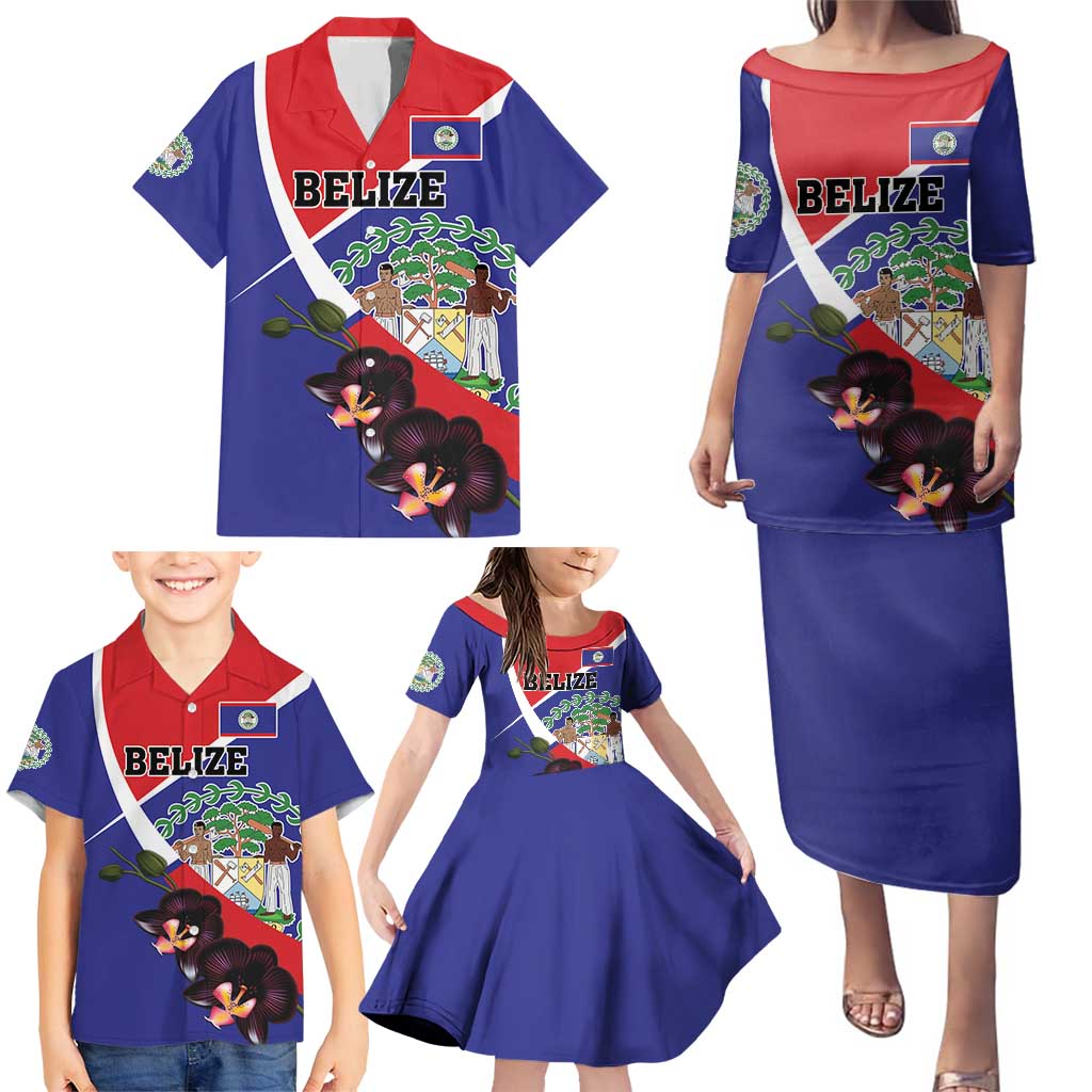 Personalized Belize Coat Of Arms Family Matching Puletasi and Hawaiian Shirt With Black Orchid Flowers - Wonder Print Shop