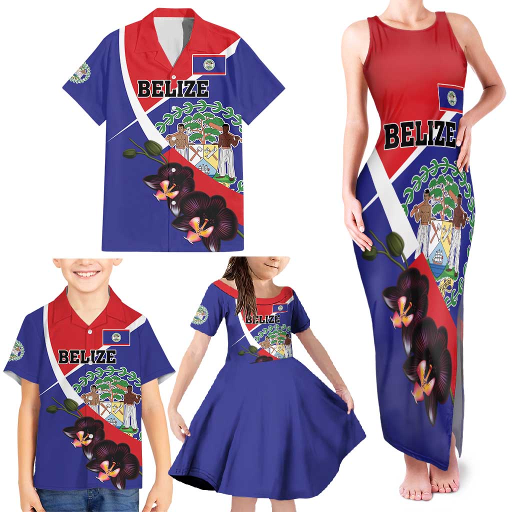 Personalized Belize Coat Of Arms Family Matching Tank Maxi Dress and Hawaiian Shirt With Black Orchid Flowers - Wonder Print Shop