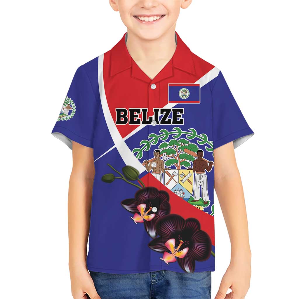 Personalized Belize Coat Of Arms Kid Hawaiian Shirt With Black Orchid Flowers - Wonder Print Shop