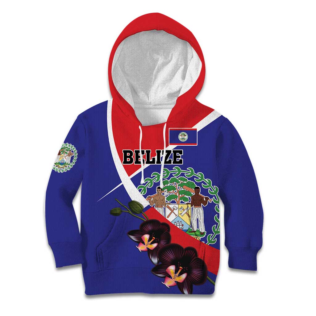 Personalized Belize Coat Of Arms Kid Hoodie With Black Orchid Flowers - Wonder Print Shop