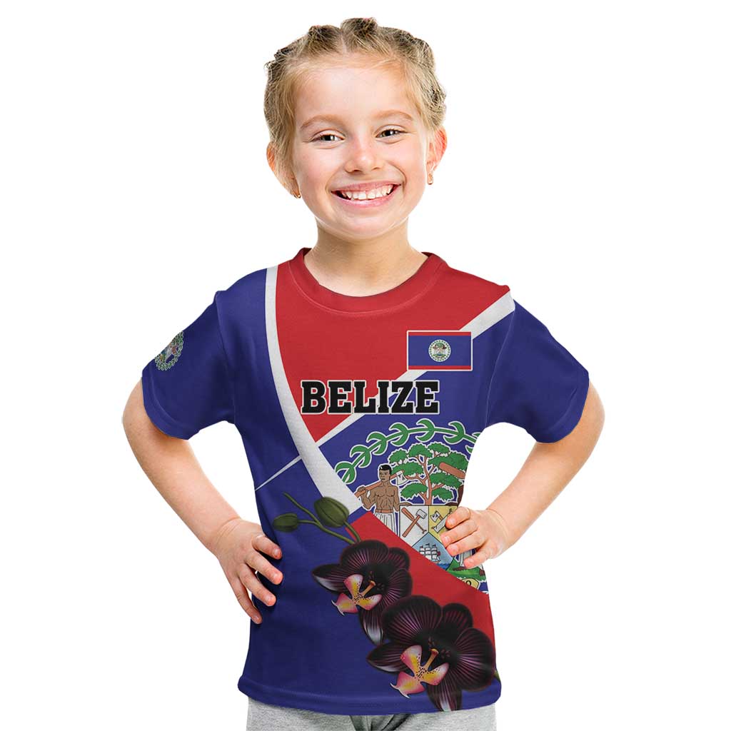 Personalized Belize Coat Of Arms Kid T Shirt With Black Orchid Flowers - Wonder Print Shop