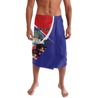 Personalized Belize lavalava in blue with coat-of-arms and black orchid flower print
