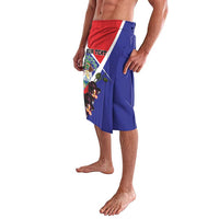 Blue lavalava with side coat-of-arms patch and black orchid flowers, wrap skirt
