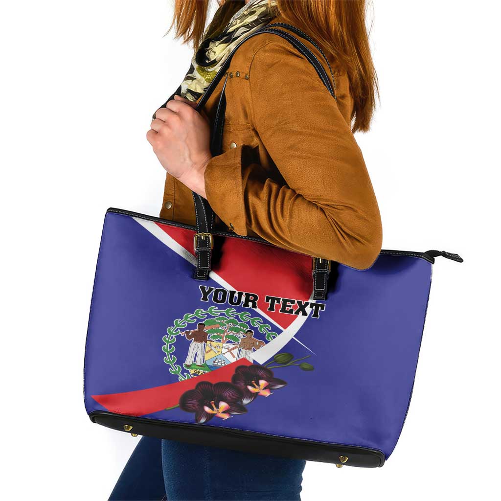 Personalized Belize Coat Of Arms Leather Tote Bag With Black Orchid Flowers - Wonder Print Shop