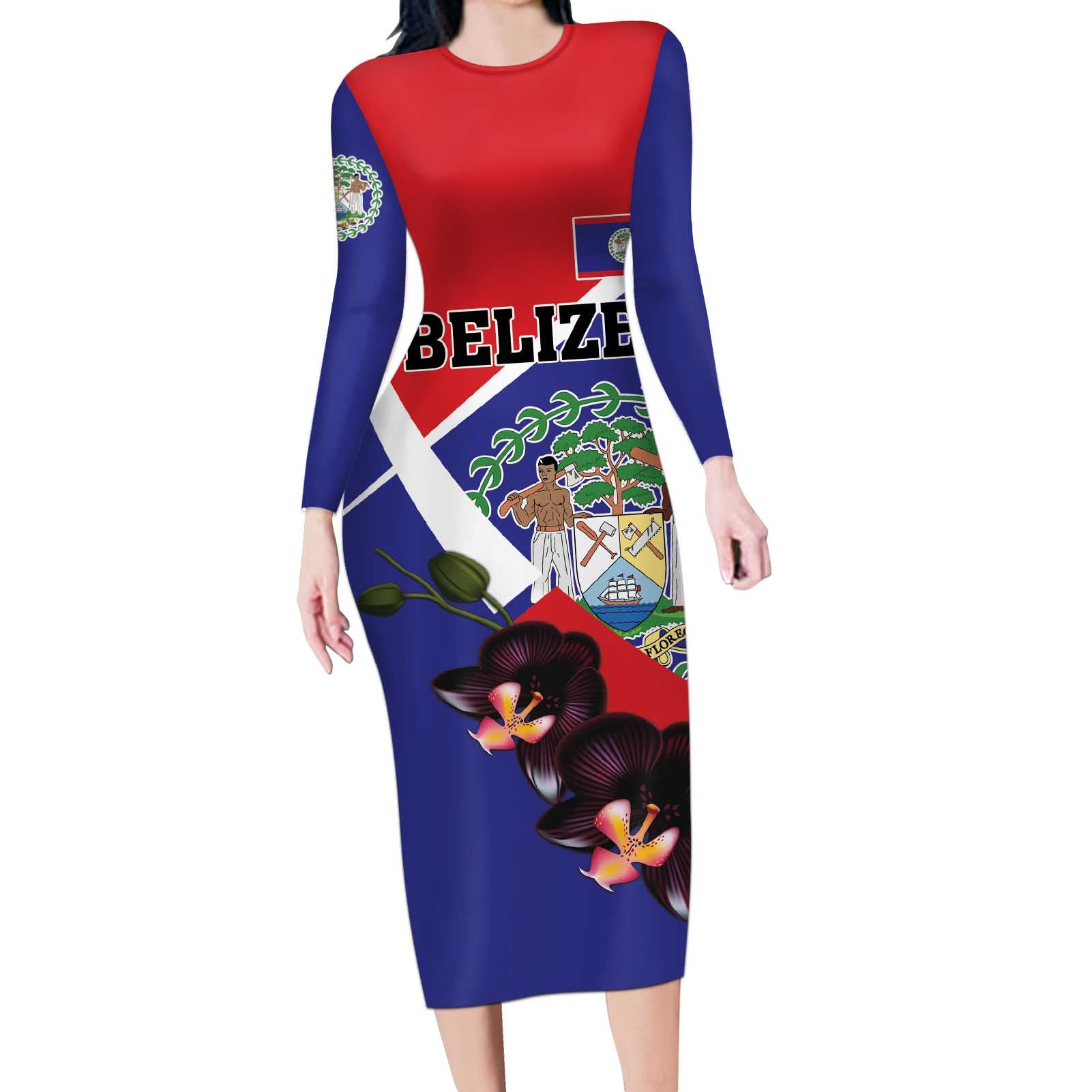 Personalized Belize Coat Of Arms Long Sleeve Bodycon Dress With Black Orchid Flowers - Wonder Print Shop