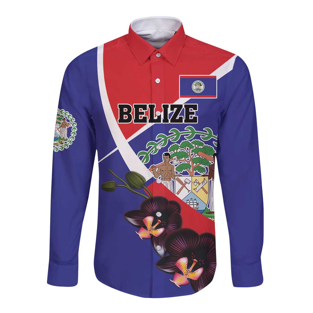 Long-sleeve button shirt in blue with Belize emblem, red/white sash, black orchid print