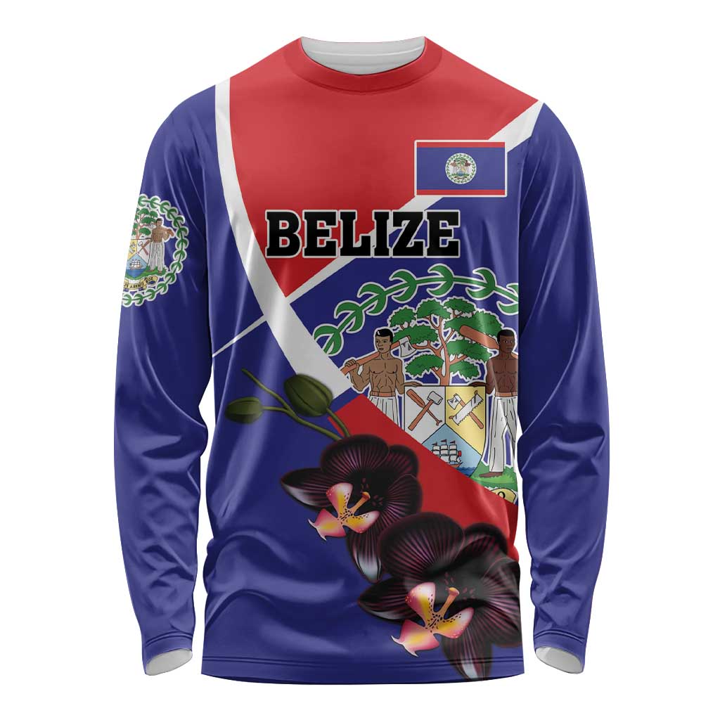 Personalized Belize Coat Of Arms Long Sleeve Shirt With Black Orchid Flowers - Wonder Print Shop