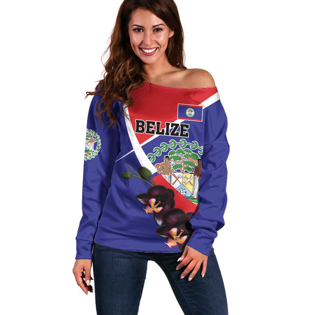 Personalized Belize Coat Of Arms Off Shoulder Sweater With Black Orchid Flowers - Wonder Print Shop