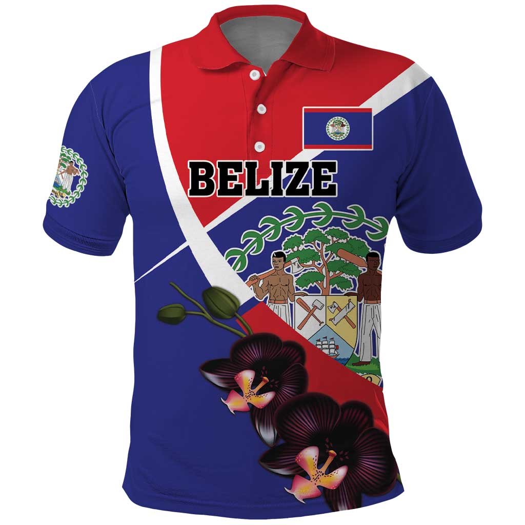 Personalized Belize Coat Of Arms Polo Shirt With Black Orchid Flowers - Wonder Print Shop