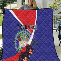 Personalized Belize coat of arms quilt in blue with red/white diagonal and orchid flowers