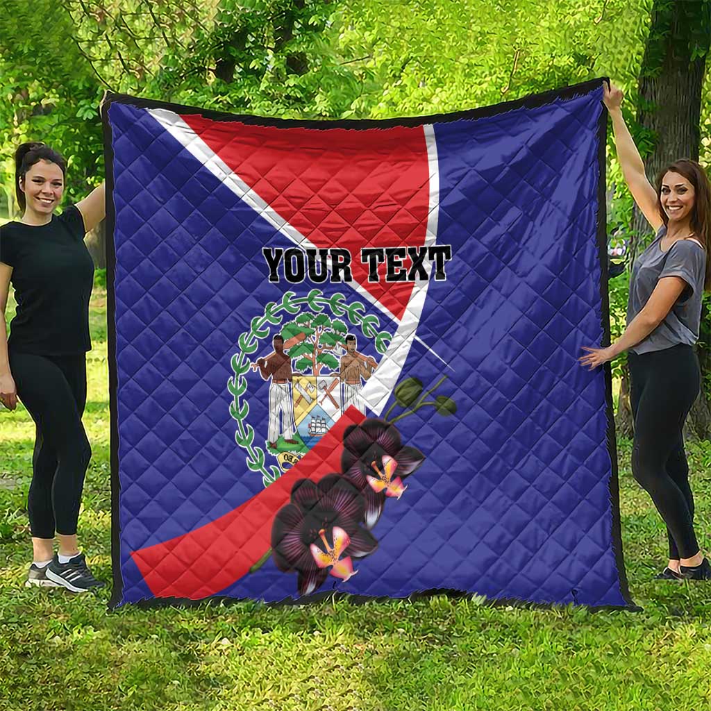 Personalized Belize coat of arms quilt on grass, blue with red/white diagonal and orchids