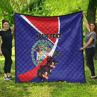 Personalized Belize coat of arms quilt on grass, blue with red/white diagonal and orchids