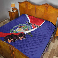 Personalized Belize coat of arms quilt on bed, blue with red/white diagonal and orchid flowers
