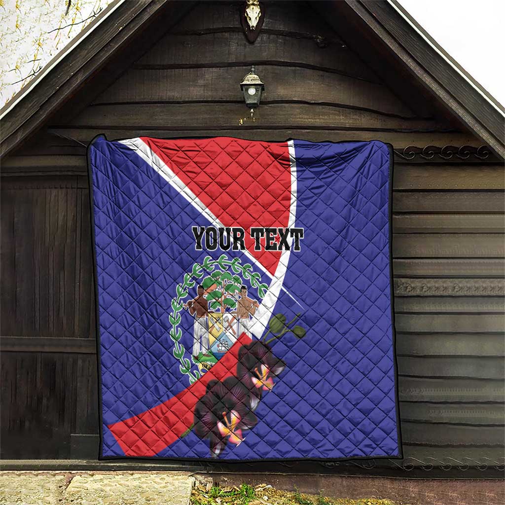 Personalized Belize coat of arms quilt on porch, blue with red/white diagonal and orchid flowers
