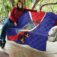 Personalized Belize coat of arms quilt wrapped on lap, blue with red/white diagonal and orchids