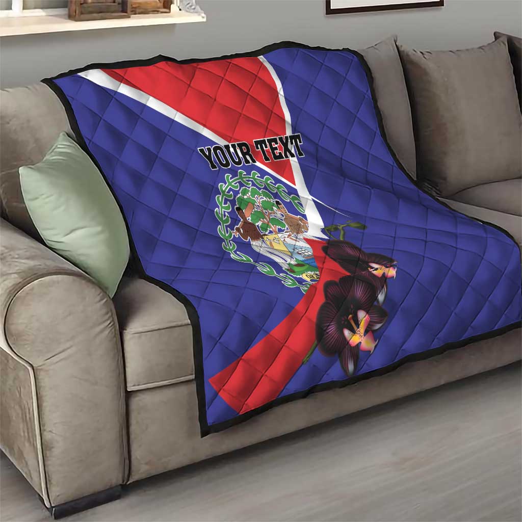 Personalized Belize coat of arms quilt on sofa, blue with red/white diagonal and orchid flowers